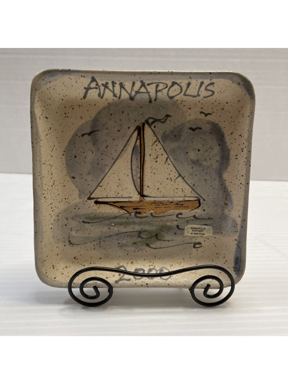Annapolis Pottery Stoneware Trinket Dish Sailboat Clouds Birds 5.25” - NEW
